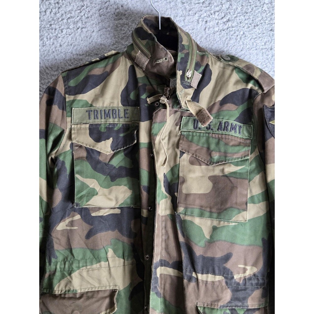 Vtg US Army M-65 Field Camo Jacket Mens XS XShort Woodland 2ID Patch Grunge
